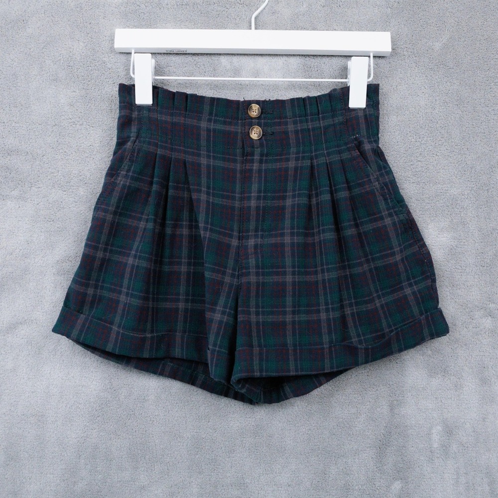 AMERICAN EAGLE Plaid High Rise‎ Pleated Shorts Navy Green Academia Preppy Sz 2